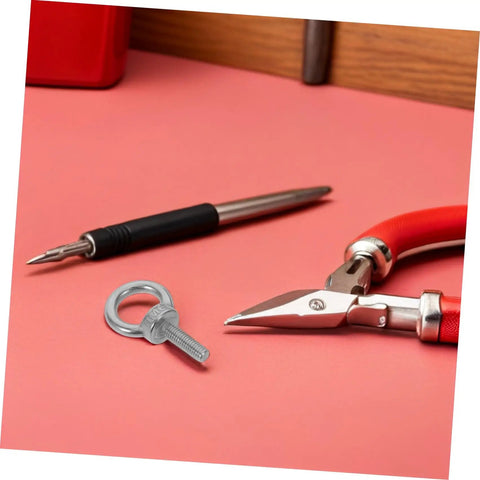 Stainless Steel Eyebolts With Closed Ring M6x20 For Heavy Duty Hanging, Beefy Load Bearing Eye Bolts With Washer And Nut, Concrete Or Wood Anchor Screws, Durable, Secure Mounts For Outdoor Gear Or Equipment close-up with pliers