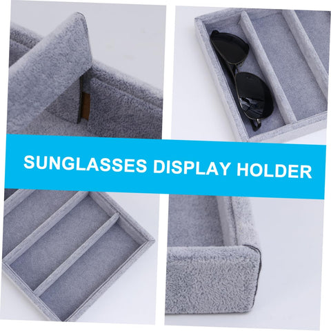 Keep Your Shades Locked And Loaded In This Slick Six Slot Sunglasses Tray And Jewelry Display Holder Crafted From Premium Soft Fabric For Zero Stress Eyewear Organization, grey fabric with slots and sunglasses.