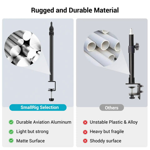 Rugged material comparison for Desktop Camera Mount Stand 15 To 35 Inches, Adjustable Tabletop Light Stand with C Clamp.