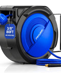 80 Ft Retractable Air Hose Reel Ultimate Garage Workhorse For Air Compressors 300 Psi Max 3 8 Inch Hybrid Tubing in blue.