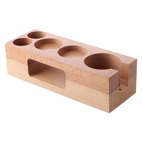Rock Solid Fifty Eight Mm Espresso Tamping Station Made From Sturdy Natural Wood to organize barista tools with five slots.
