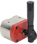 Heavy Duty On Off Magnetic Clamp With Six Hundred Pound Holding Power, shown with black handle and red base for welding and fabrication.