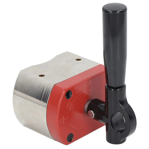 Heavy Duty On Off Magnetic Clamp With Six Hundred Pound Holding Power, shown with black handle and red base for welding and fabrication.