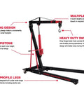 2 Ton Folding Engine Crane With Dual Pump Pistons For Faster Lifts And Easy Pump Action Low Profile 4.7 Inch Legs Fit Under Wide Vehicle Frames Including Sports Cars Four Boom Positions For Ideal Reach 360 Degree Swivel Hook