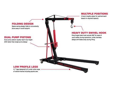 2 Ton Folding Engine Crane With Dual Pump Pistons For Faster Lifts And Easy Pump Action Low Profile 4.7 Inch Legs Fit Under Wide Vehicle Frames Including Sports Cars Four Boom Positions For Ideal Reach 360 Degree Swivel Hook