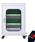Game Changing 30 Device Charging And Storage Cart With Secure Lockers For Smartphones And Tablets Top Shelf Portable Charging Station Cabinet White Finish, front view, designed for classrooms and offices.