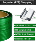 Hold Tight Heavy Duty Pet Polyester Strapping Roll 5 8 Inch .035 Thick 500 Feet showing green strapping and metal seal clips.
