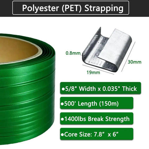 Hold Tight Heavy Duty Pet Polyester Strapping Roll 5 8 Inch .035 Thick 500 Feet showing green strapping and metal seal clips.