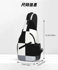 Unisex Black And White Piano Key Grid Print Fanny Pack Adjustable Crossbody Chest Bag side view with dimensions shown.