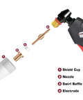 60 Piece Plasma Cutting Consumables Kit For PT31 JG-40 LG-40 showing shield cup, nozzle, swirl baffle, and electrode