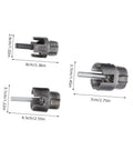 Uonlytech 3Pc Pipe Threading Tool Kit For Pvc Pipes Internal External Thread Cutter Compatible With Electric Drill Plumbing Threader Set And Installation; set of three metal pipe threading bits dimensions displayed.