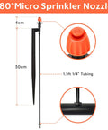 Diagram showing 180 Degree Micro Sprinkler Heads with 12 Inch Stakes and One Quarter Inch Tubing for Easy Drip Irrigation in Your Garden Drip Spray Emitters for Lawn Or Veggie Beds, including size dimensions.