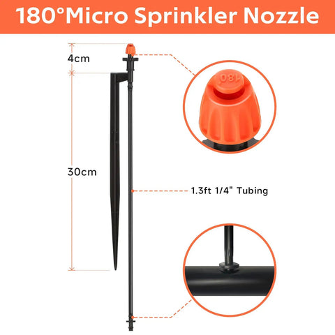 Diagram showing 180 Degree Micro Sprinkler Heads with 12 Inch Stakes and One Quarter Inch Tubing for Easy Drip Irrigation in Your Garden Drip Spray Emitters for Lawn Or Veggie Beds, including size dimensions.