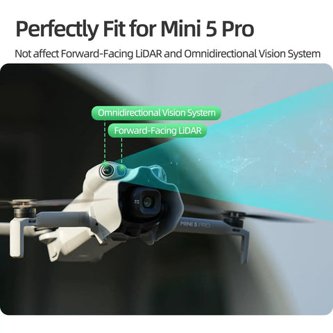 Gimbal Camera Lens Hood For DJI Mini 5 Pro Drone Anti Glare Shield installed on drone showing sensor compatibility