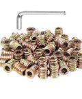 50 Pack 1/4-20 Threaded Wood Inserts With Hex Drive For Furniture Nuts 15mm Length Zinc Plated Built For DIYers Softwood Hardwood Plywood MDF And DIY Projects, displayed with a hex key.