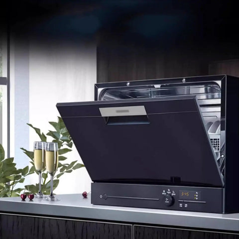 No Sweat Countertop Or Built In Dishwasher Fully Automatic Machine Handles Five Place Settings Crisp Clean Every Time with open lid showcasing dishes.