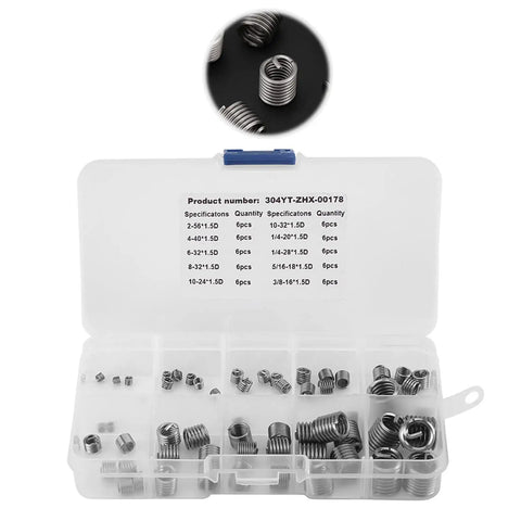 Wire Screw Sleeve Set, 60 Pieces, 304 Stainless Steel Thread Repair Inserts Kit with plastic box and variety of sizes visible