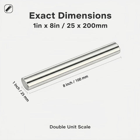 Monster Strength Neodymium Magnet Bar Cylinder 1 Inch By 8 Inch Heavy Duty Rare Earth N45 Rod with dimensions shown