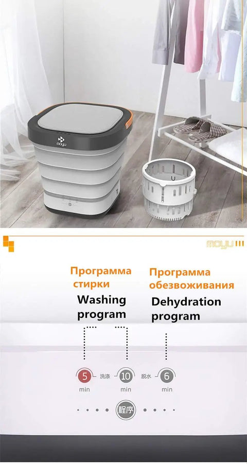 Foldable Portable Mini Washing Machine With Silica Gel Bucket Dehydrator for dorms, showing washing and dehydration programs