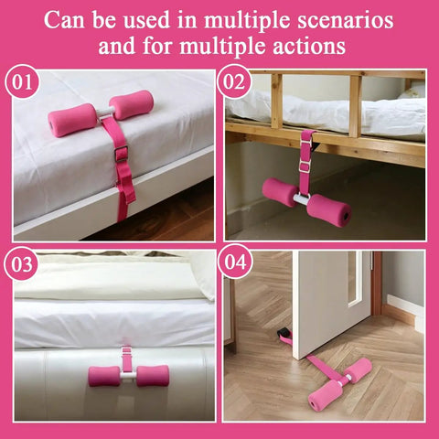 Four views of Pink Nordic Curl Strap With Pad For Home Workouts Compatible With Nordstick in various setups for different exercises.
