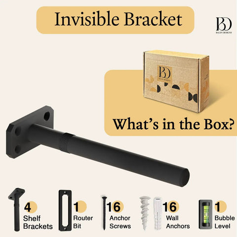 Beefy Ultra Strong Invisible Floating Shelf Brackets 8 Inch 4 Pack Heavy Duty Hidden Shelf Hardware Supports Up To 300 Lbs Kitchen Bathroom Fireplace Living Room Mantels, box contents and hardware