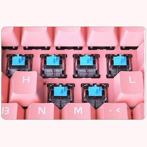 Close-up of Compact Mechanical Gaming Keyboard With Wired USB Setup And Sweeping RGB Backlighting showing blue tactile switches and pink keys.