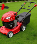 Red Jump Start Drill Bit Adapter for electric engine ignition bypass with a red lawnmower on grass, easy ignition setup view.