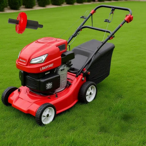 Red Jump Start Drill Bit Adapter for electric engine ignition bypass with a red lawnmower on grass, easy ignition setup view.