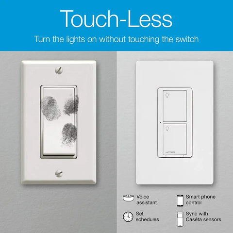 Smart Light Switch With Hub Required shown next to dirty switch, Control From App Or Voice, schedule scenes, white finish, home lighting
