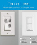 Caseta Deluxe Smart Switch Kit showcasing touchless operation with comparison of traditional and smart switch, compatible with Alexa.