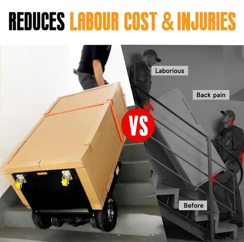 Heavy Duty Electric Stair Climbing Dolly Cart With 1200W Motor And Ergonomic Grip moving large cardboard box up stairs.