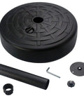 30Lb Water Filled Central Pole Umbrella Base With Wide Rattan Design and Steel Holder components displayed