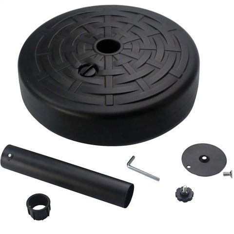 30Lb Water Filled Central Pole Umbrella Base With Wide Rattan Design and Steel Holder components displayed
