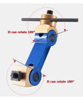 Hella Stable CNC Mills Vise Stop With Quick Slide Adjustments And Kickass Rugged Steel Build For Absolute Zero Drift Workpiece Location On T Slot Machine Tools, blue and gold adjustable fixture rotating 180 degrees.