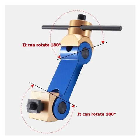 Hella Stable CNC Mills Vise Stop With Quick Slide Adjustments And Kickass Rugged Steel Build For Absolute Zero Drift Workpiece Location On T Slot Machine Tools, blue and gold adjustable fixture rotating 180 degrees.