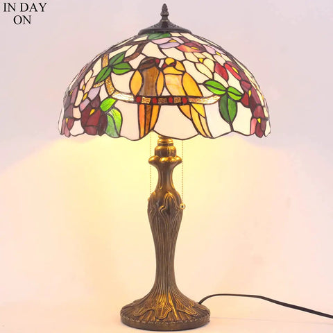Tiffany Style Double Birds Stained Glass Table Lamp With 16 Inch Shade And 24 Inch Height, Antique Green Bronze Metal Base