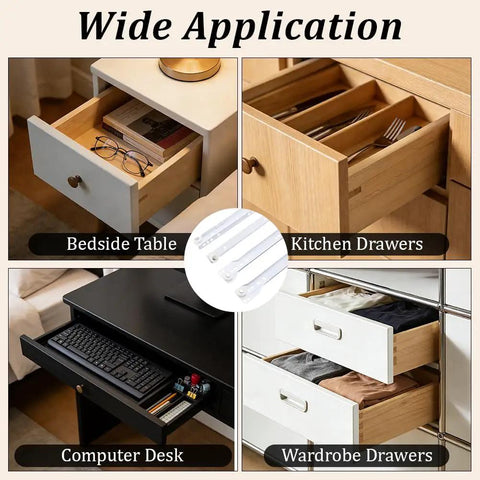 Four drawer types using Heavy Duty Bottom Mount Drawer Slides For Furniture, showcasing bedside table, kitchen, computer desk, and wardrobe.