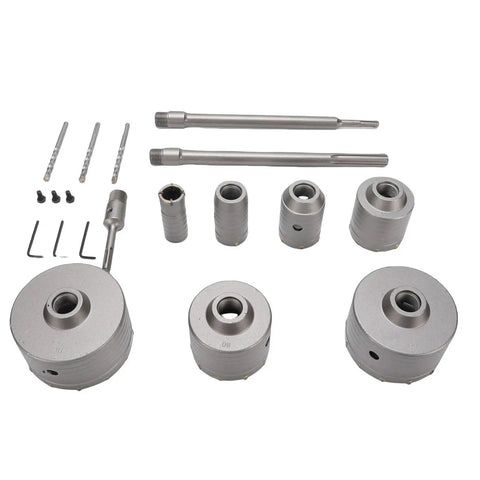 Super Tough Concrete Hole Saw Kit With 7 Pieces Ranging From 30 To 110mm Including Heavy Duty Tungsten Steel Carbide Cutters Plus Three Long Connecting Rods For Electric Hammer Drilling And Smart Dust Removal Vents, assorted sizes