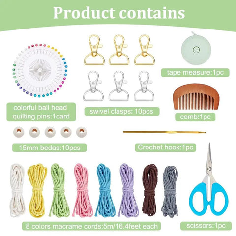 8 Set DIY Macrame Wristlet Keychain Kit For Adults with colorful cords, swivel clasps, beads, and macrame tools displayed.