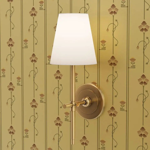 Top Tier Beige Floral Stripe Metallic Wallpaper With Glowing Gold Accents And Major Textured Fibrous Finish with wall lamp.