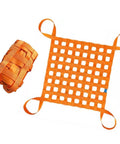 Heavy Duty Cargo Lifting Net With Strong Elastic Nylon Straps To Lock Down Your Gear And Haul Massive Equipment Anywhere Without Breaking A Sweat Daily, bright orange, flat woven design with looped straps.