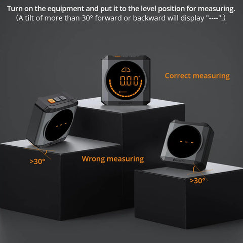 Heavy Duty Digital Angle Finder With LED Rechargeable Power And Slick Magnetic Base For Dead On Accuracy Measuring IP54 Waterproof Protractor Bevel Gauge For Woodworking and Home Renovation Crew displayed measuring angles on a black surface.