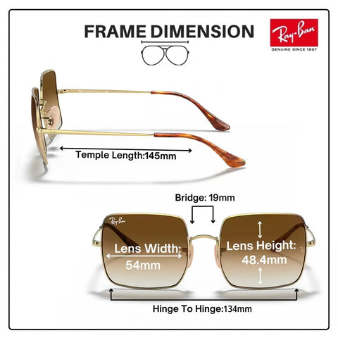 RB1971 Square Shape Stylish Sunglasses For Women Non Polarized With Clear Gradient Brown Lenses frame measurements