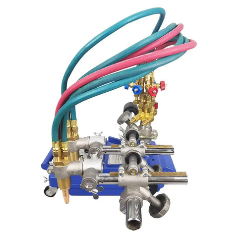 Heavy Duty Semi Automatic Double Torch Gas Cutting Machine Features Buttery Smooth Tracking Rock Solid Alloy Frame For Nail Perfect Bevel Or Straight Cuts Every Time with dual torches and hoses.
