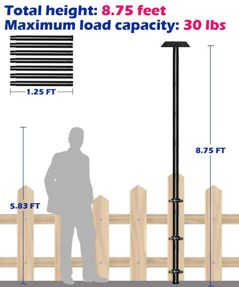 105 Inch Heavy Duty Bird Feeder Pole Kit For Deck Fence And Patio Railing Adjustable Universal Mounting Post For Outdoors Matte Black Bird House Pole Set Built Tough With Steel Easy Height Options 1 Pack, shown next to a fence and silhouette for scale.