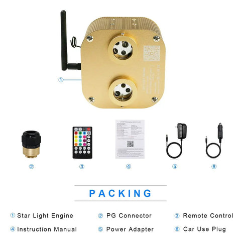 Packing of Dual Port 20W Twinkle RGBW Light Source Engine Driver For Fiber Optic Star Ceiling Lights with accessories and manual