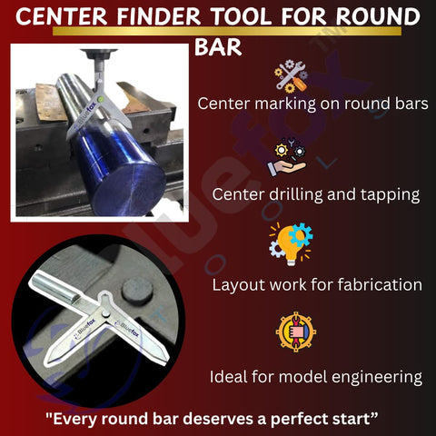 Center Finder Tool for Round Bar installed on a blue round bar in a milling machine, highlighting its precision setup.