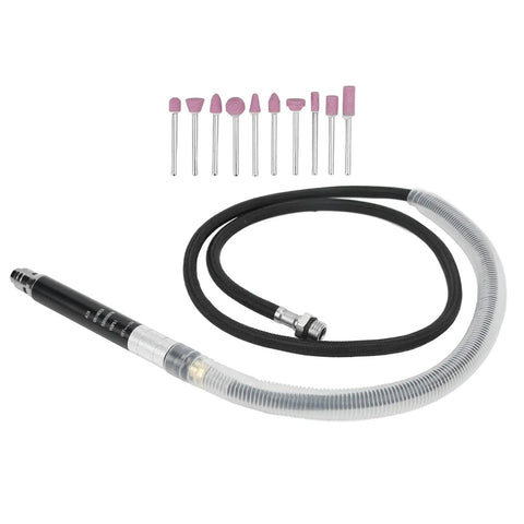 Badass Pneumatic Pencil Die Grinder Kit Featuring Knockout 65000 RPM Air Power, black pneumatic pen with flexible hose and grinding bits.