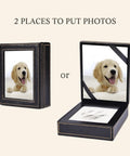 Paw Print Keepsake Kit For Dogs And Cats, Easy No Knead Aluminum Mold With Black Leather Display Box showing dog photo options.