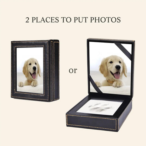 Paw Print Keepsake Kit For Dogs And Cats, Easy No Knead Aluminum Mold With Black Leather Display Box showing dog photo options.